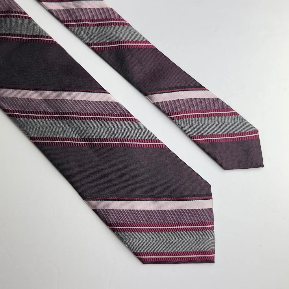 Calvin Klein Mens Silk Blend Striped Necktie Purple Grey Pink Diagonal Pattern